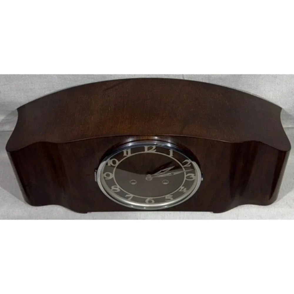 Vintage 1950s Tambour Mantel Clock German 8 Day Movement 130 Stamp Wood Case